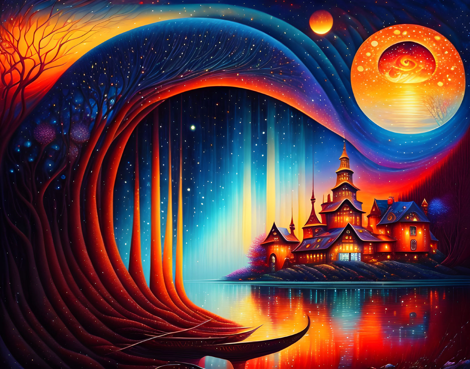 Fantasy landscape with castle, starry sky, lake & tree structure