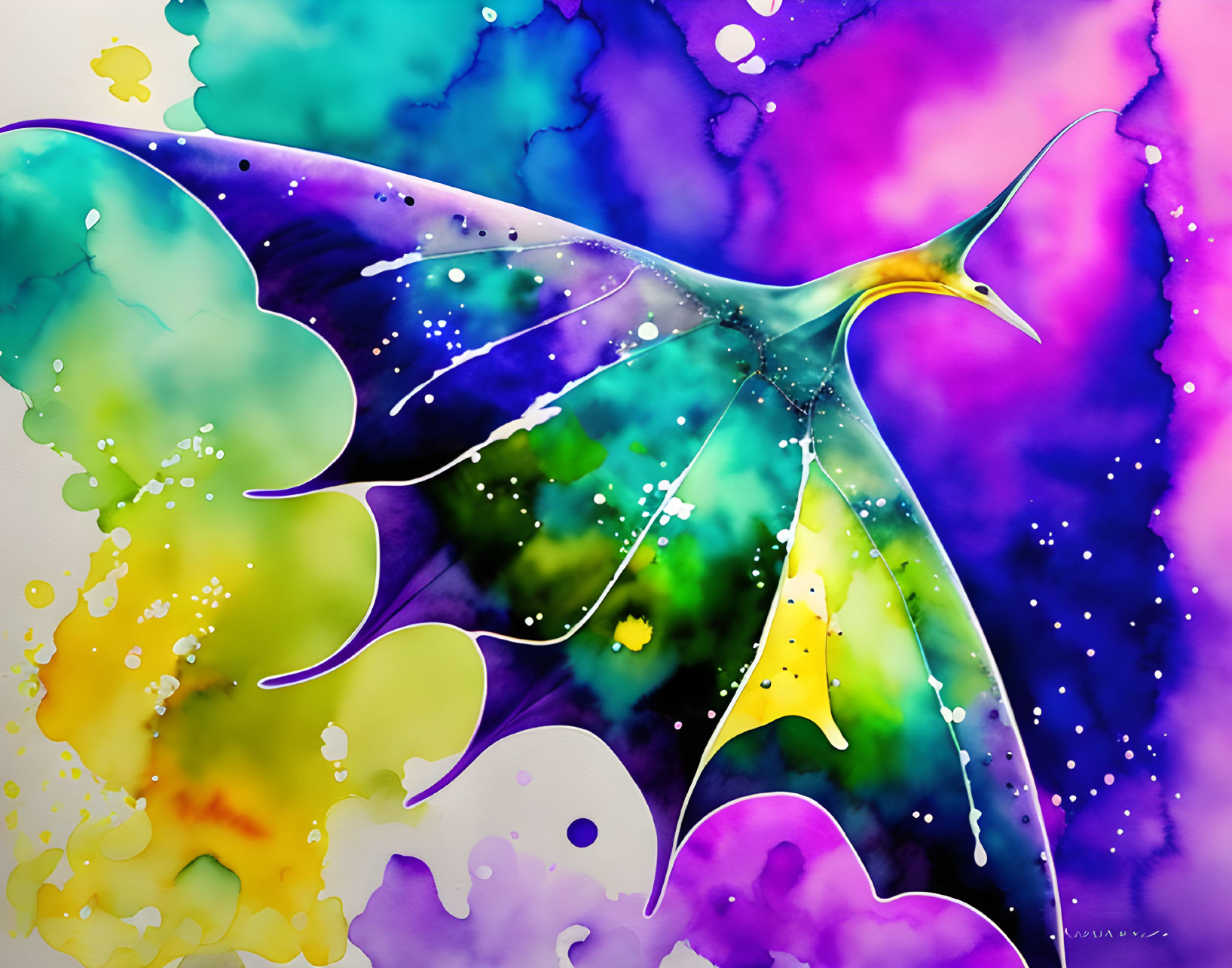 Colorful Abstract Watercolor Painting of Butterfly in Neon Hues