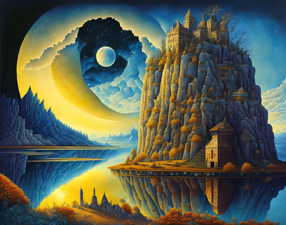 Fantastical landscape with castle, giant moon, mirrored cliff, and house below