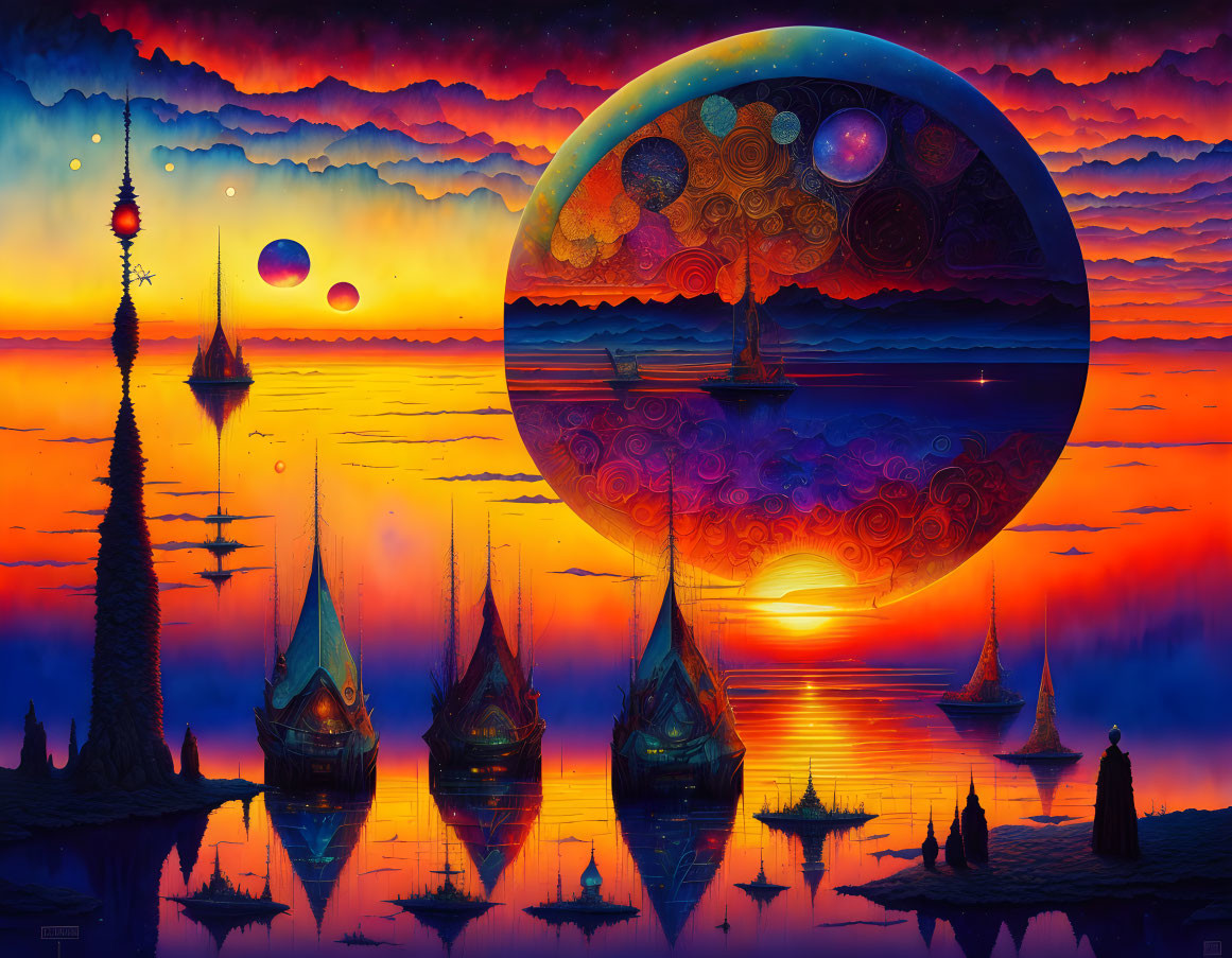 Surreal landscape with towering structures and patterned moon