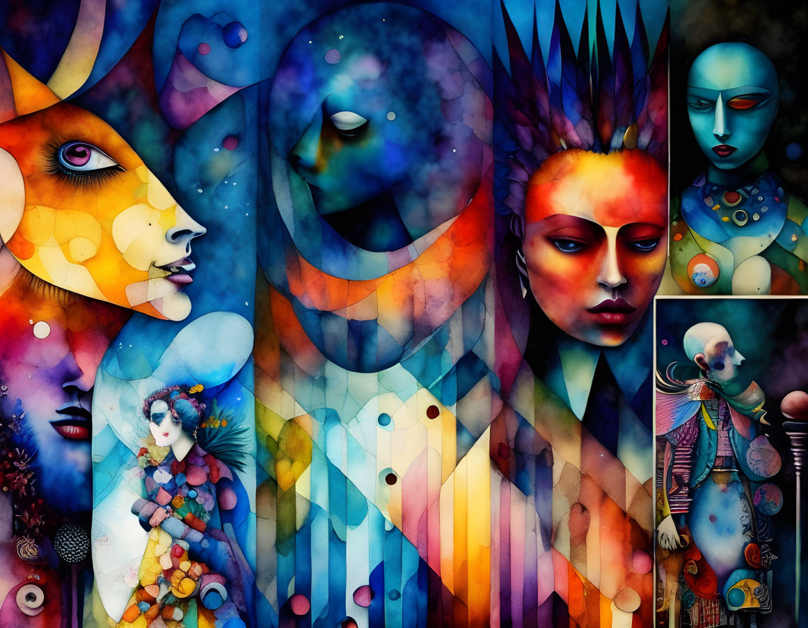 Vibrant surreal artwork with abstract faces, celestial elements, and human-animal blend