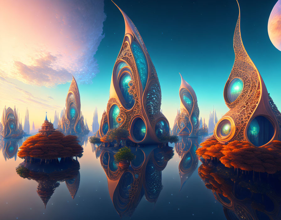 Surreal landscape with organic structures on floating islands