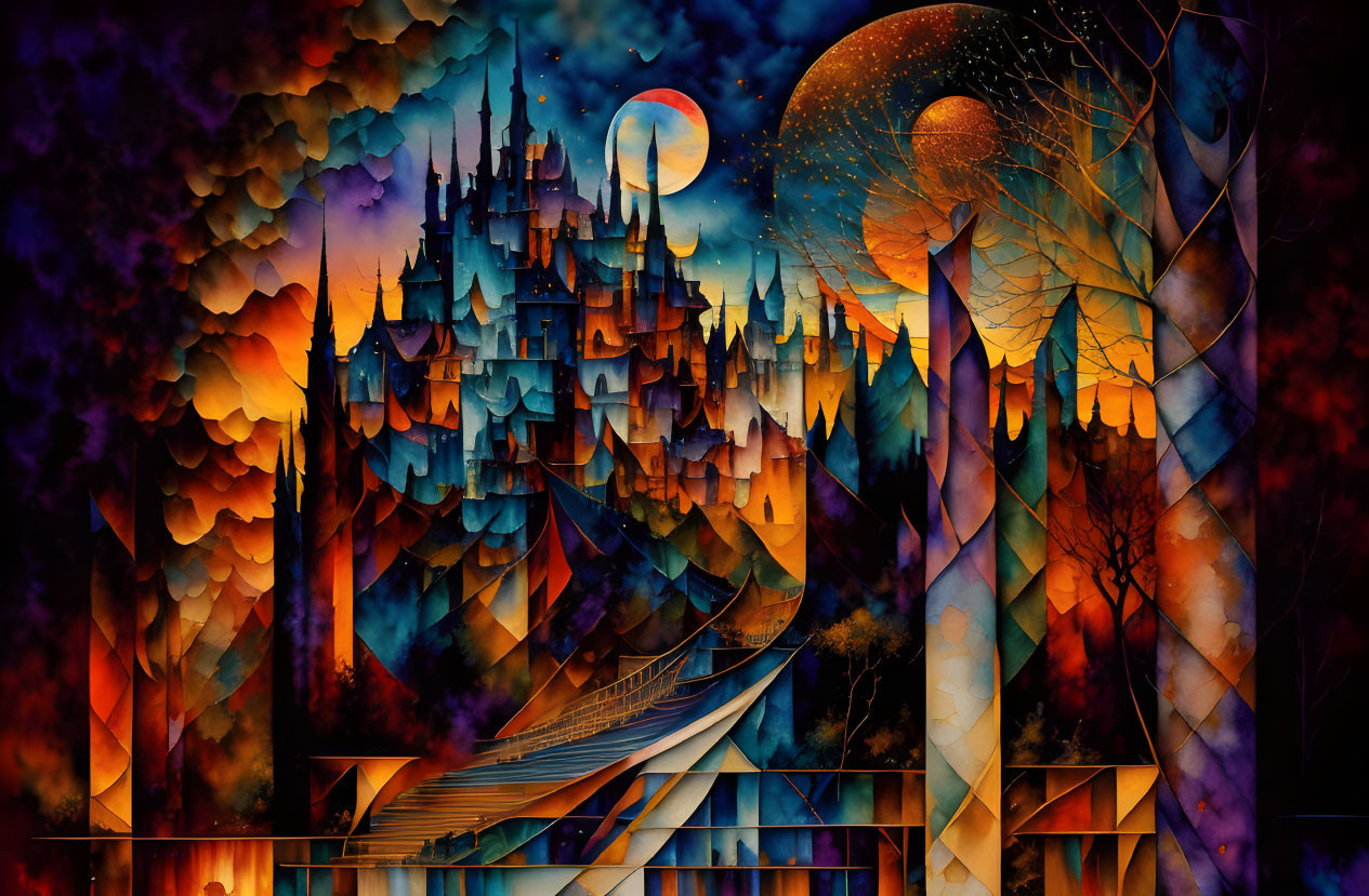 Fantastical castle with colorful clouds, crescent moon, and starry sky