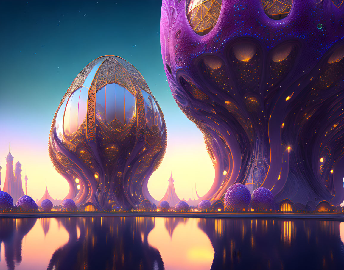 Futuristic cityscape with egg-shaped buildings at dusk