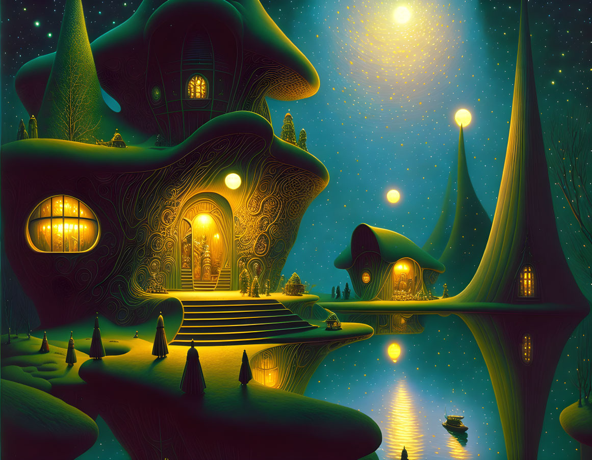 Whimsical fantasy landscape with glowing houses, starry sky, luminescent trees, and tranquil