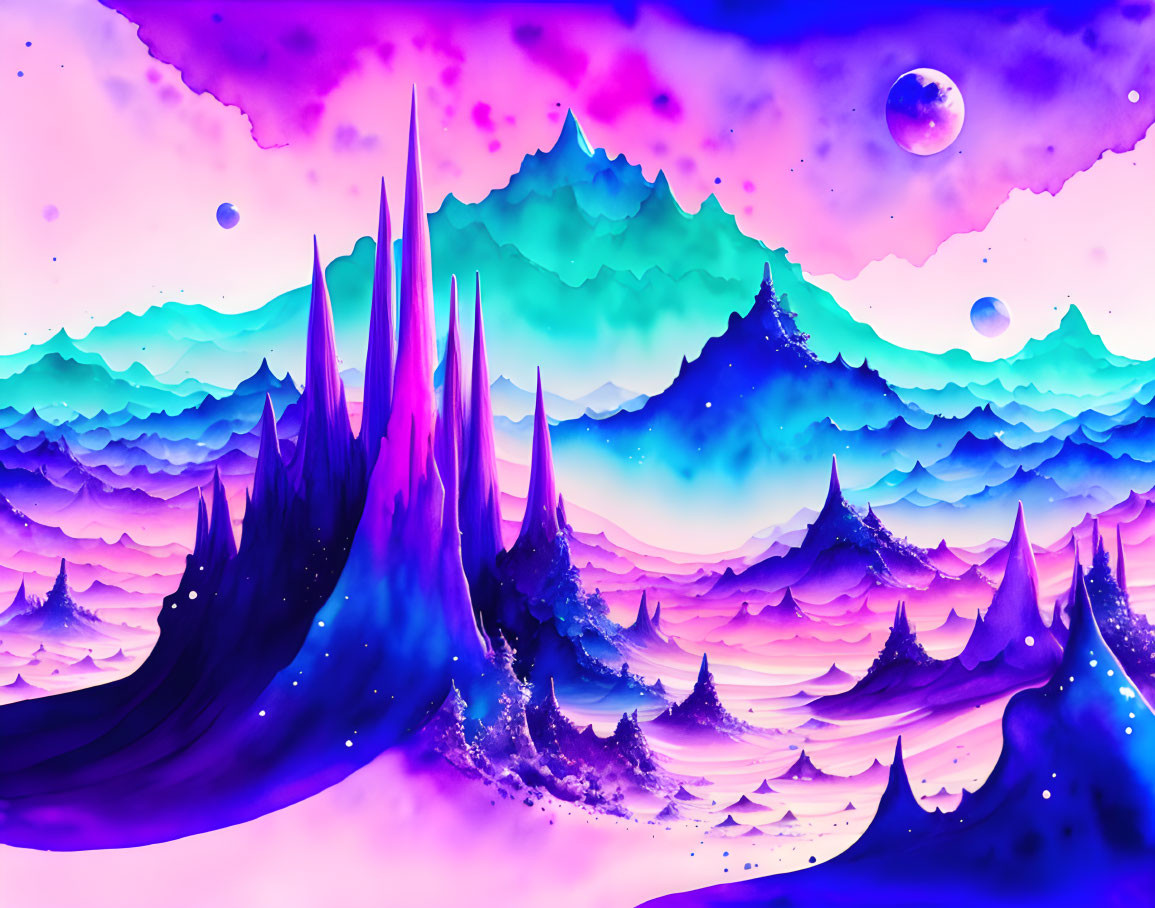 Colorful fantasy landscape with purple and blue mountains and floating orbs