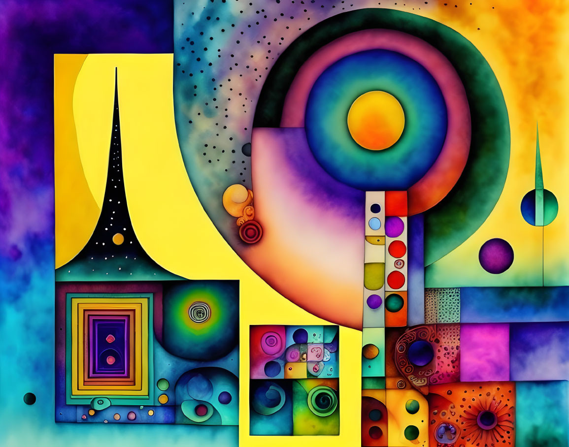 Colorful Abstract Artwork with Geometric Shapes and Gradient Circles