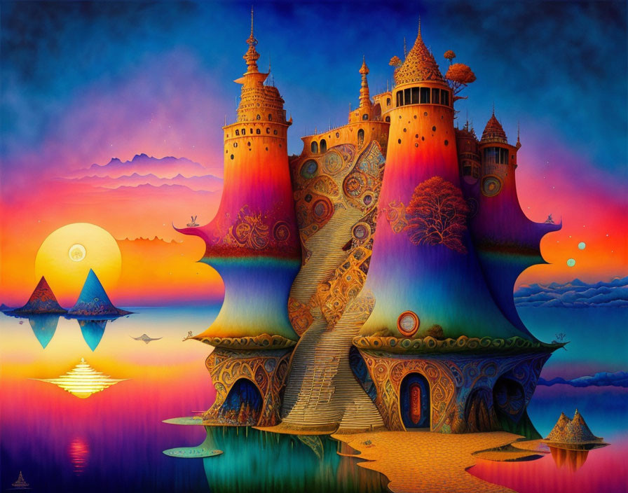 Vibrant surreal painting: whimsical castle, swirling towers, sunset sky, floating islands.