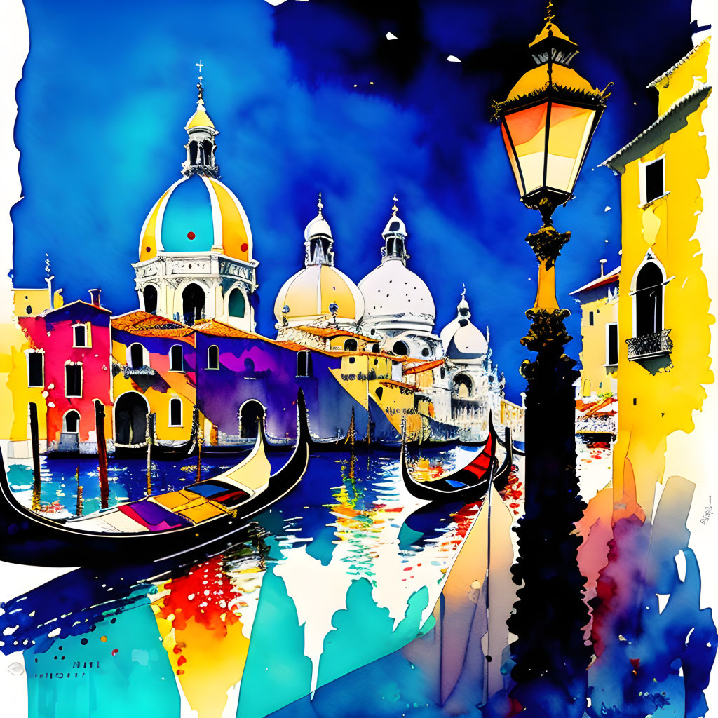 Vibrant watercolor: Venetian canal, gondolas, colorful buildings, domed