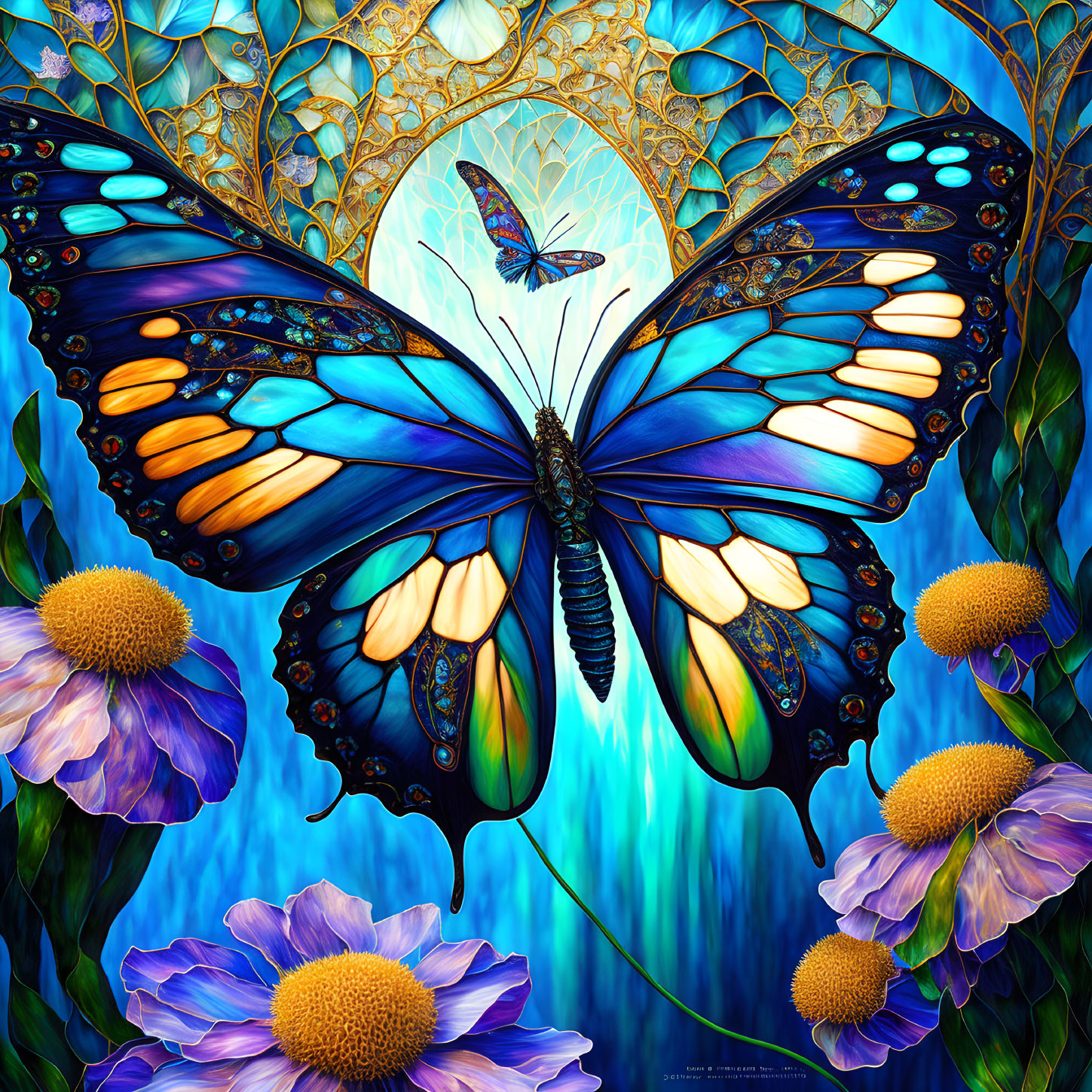 Detailed digital artwork featuring a large blue butterfly, intricate wings, stylized flowers, and ornate circular