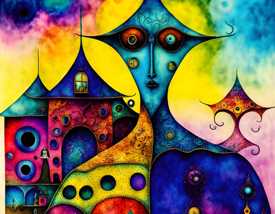 Colorful Psychedelic Illustration with Multi-Eyed Figure