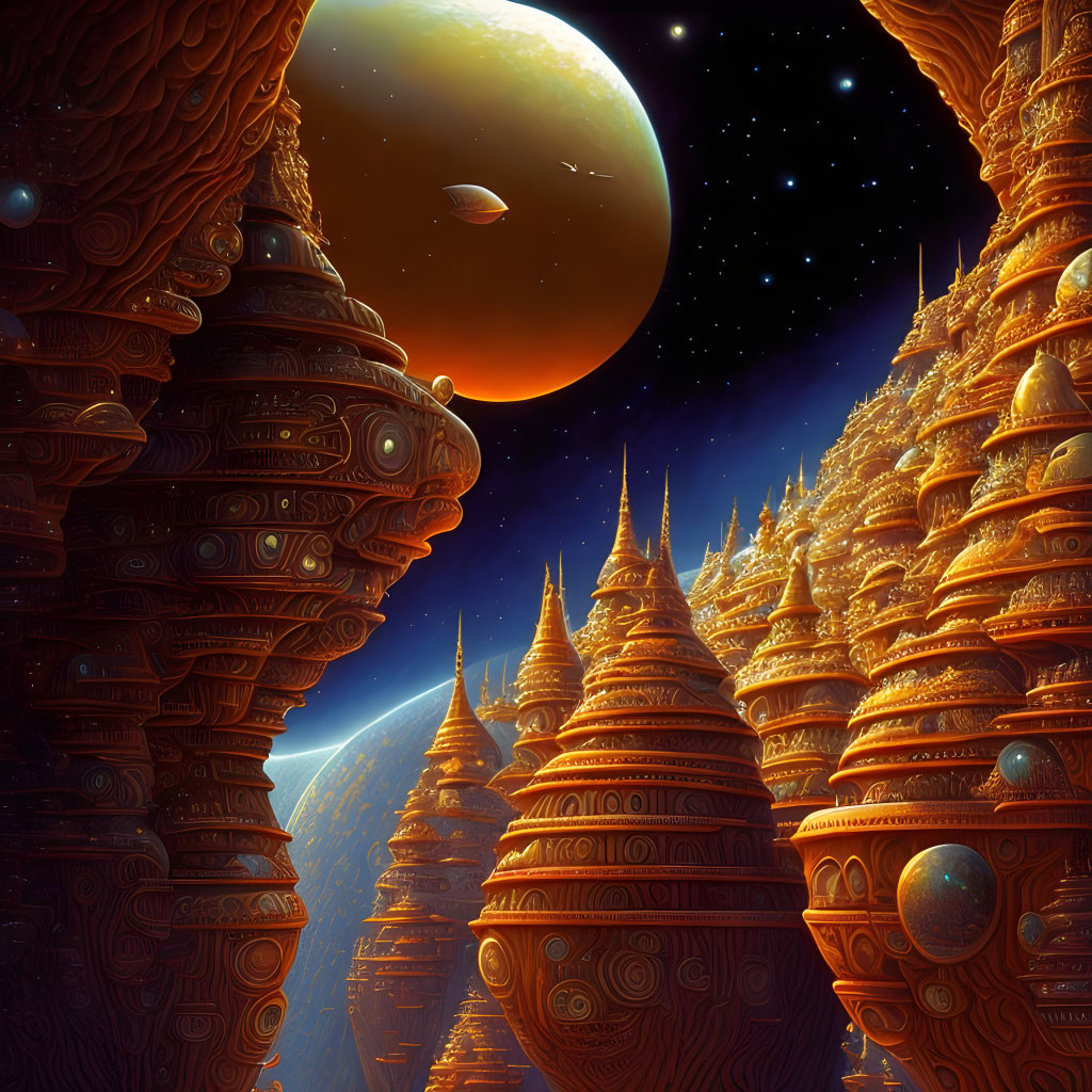 Futuristic alien landscape with towering structures and golden planet