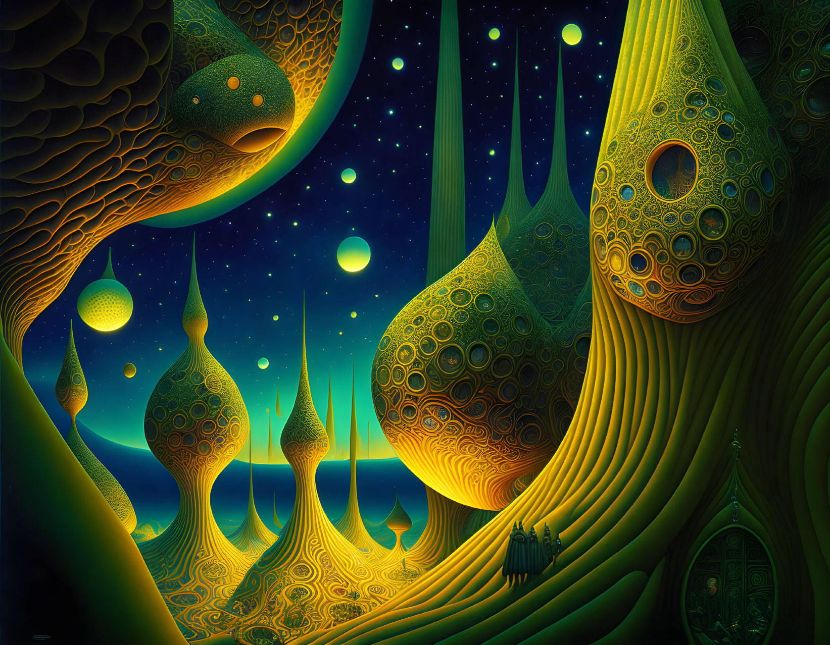 Surreal organic structures under starry sky in green and gold palette