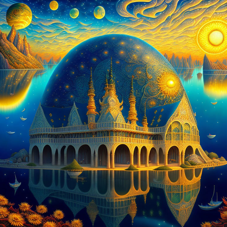 Fantasy palace with arches under multiple moons and stars, reflecting in water with sunflowers.