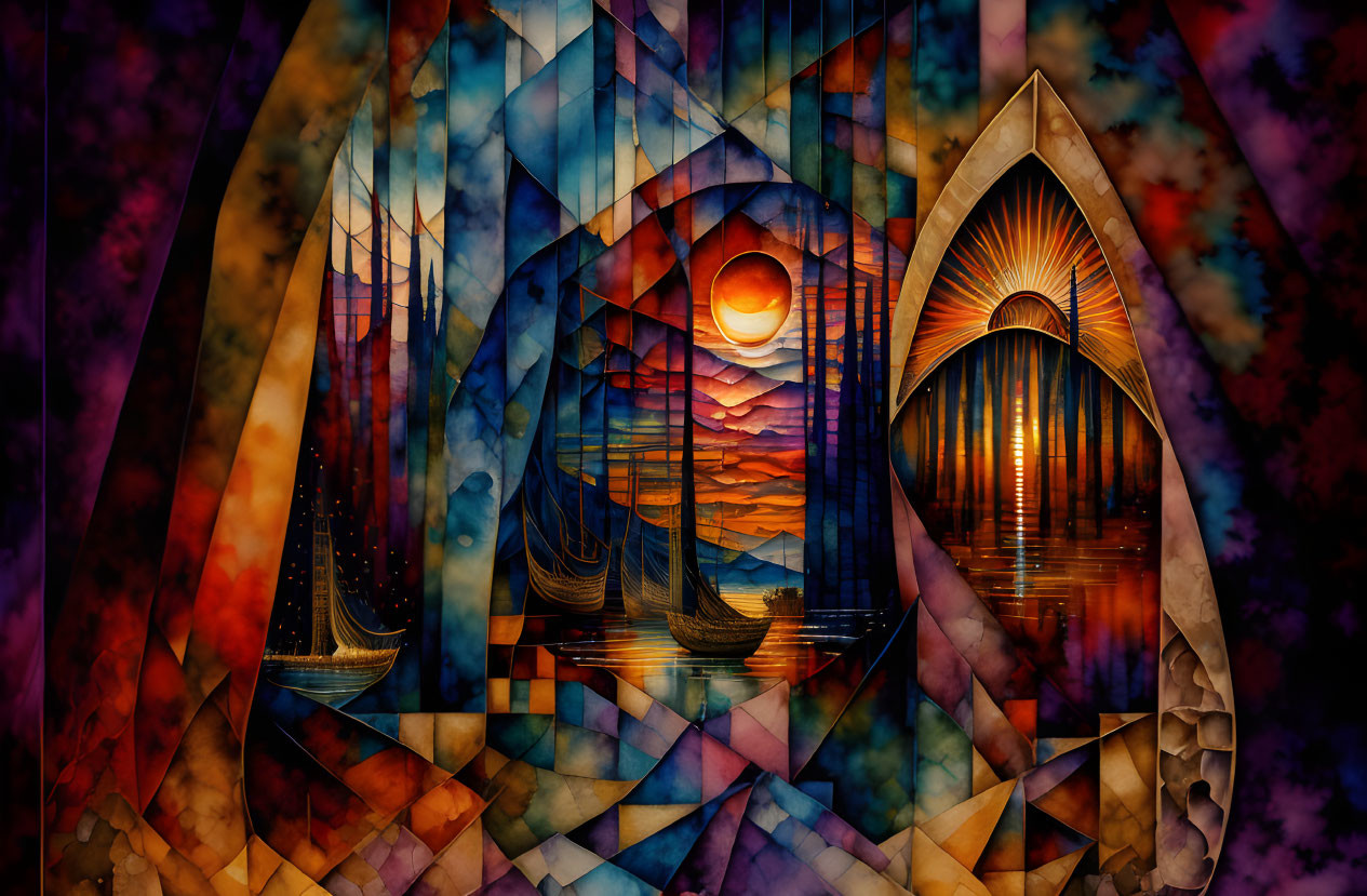 Abstract Stained Glass Art: Sailboats, Sunset, Geometric Shapes