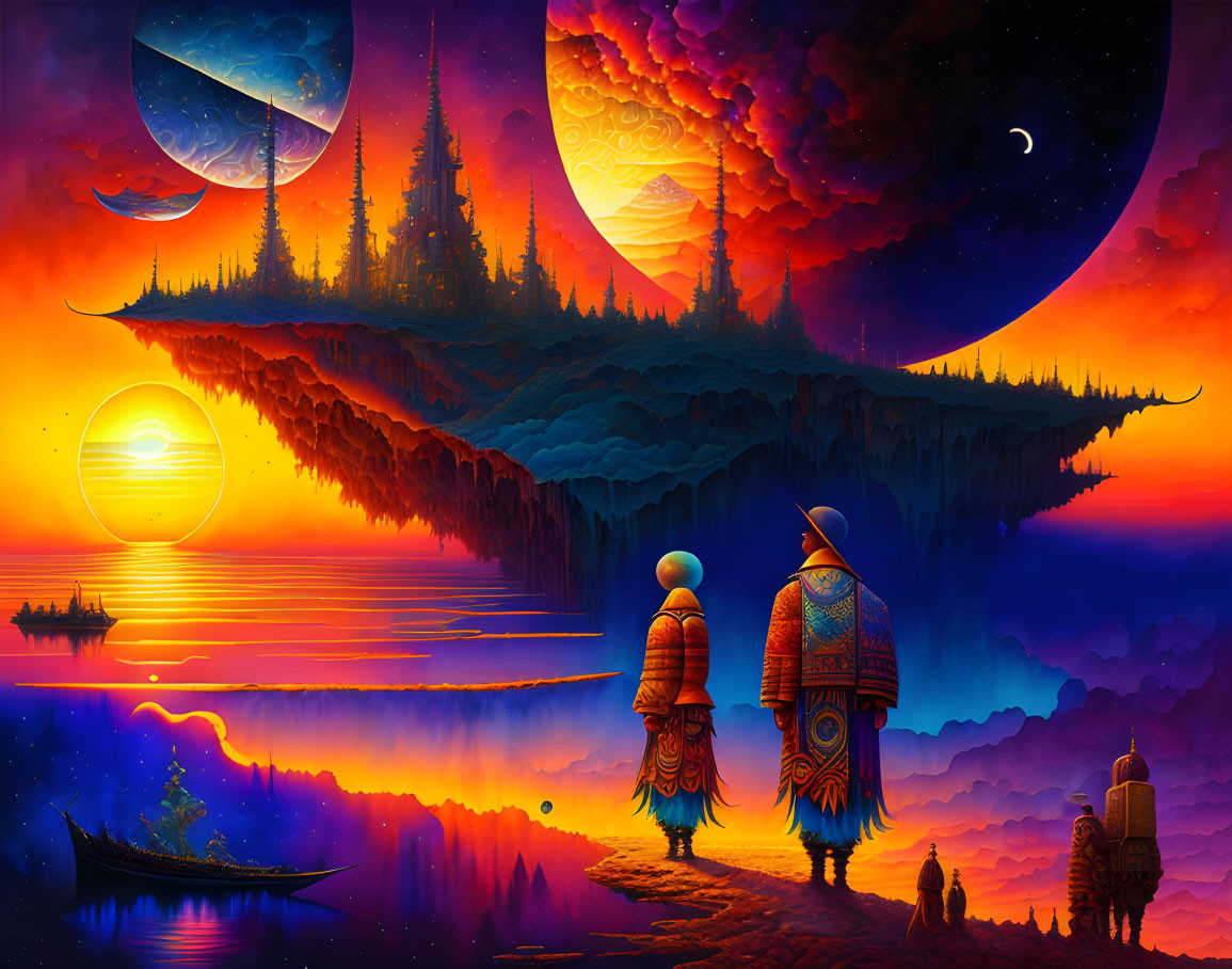 Fantastical landscape with two figures and vibrant skies