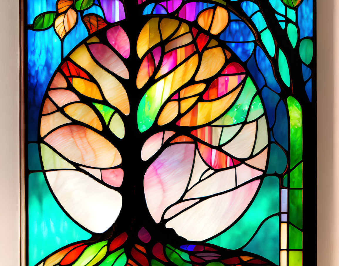 Vibrant stained glass window of a tree against blue sky