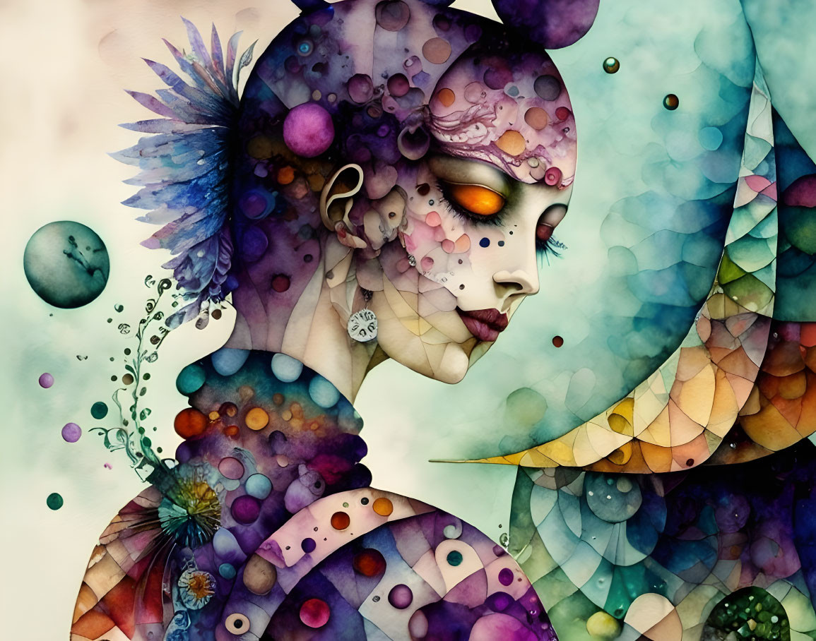 Whimsical female figure with colorful watercolor illustration