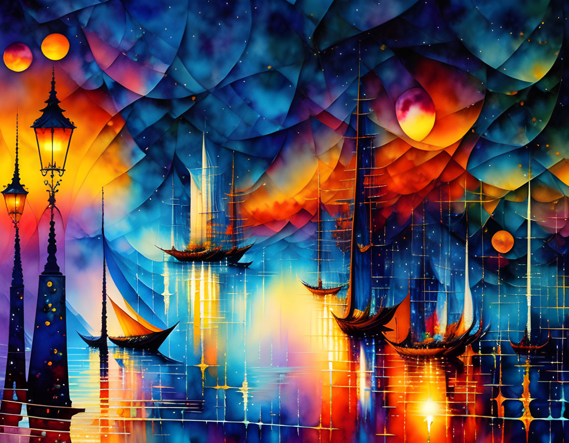 Colorful waterscape with ships, streetlamp, and mosaic sky.