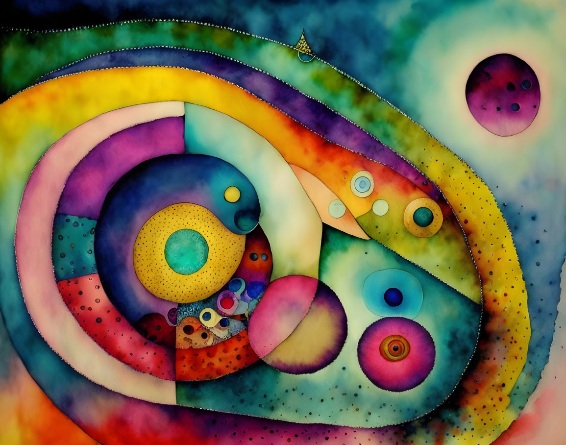 Vibrant abstract watercolor painting with celestial-themed swirls and dots