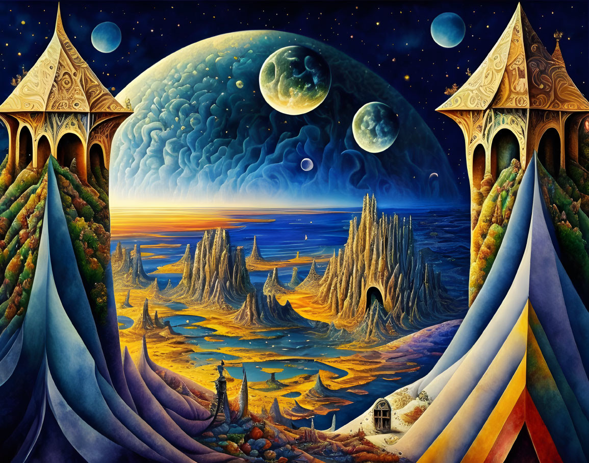 Colorful fantasy landscape with towering castles, starlit sky, and moons