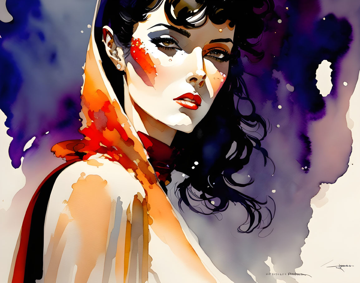 Stylized watercolor portrait of woman with black hair and red accents