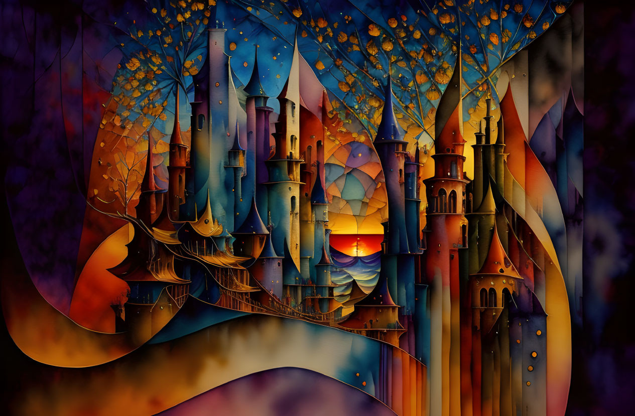 Vividly colored castle with towers, bridge, and sunset sky