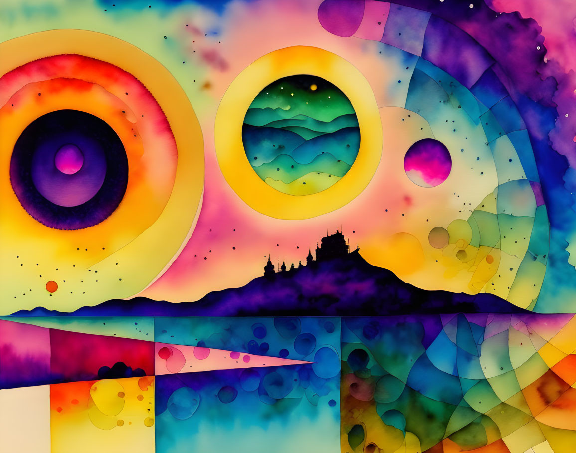 Abstract Watercolor Painting with Circular Patterns and Layered Landscapes in Warm and Cool Hues