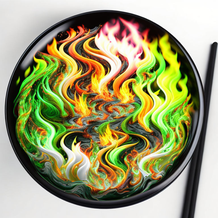 Colorful Flame-Inspired Bowl with Black Chopsticks