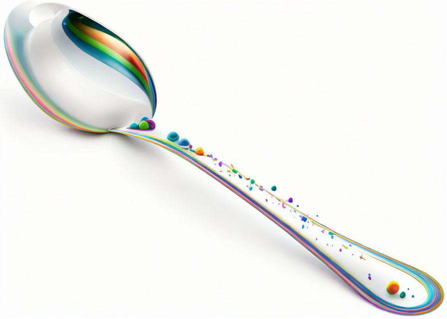 Abstract Spoon Illustration with Colorful Liquid Spill on White Background