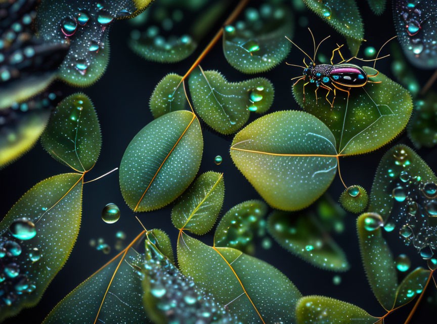 Detailed illustration of beetle on dew-covered leaves with water droplets