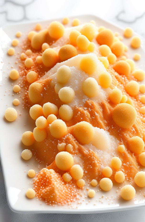 Spherical orange beads on creamy base with frothy texture