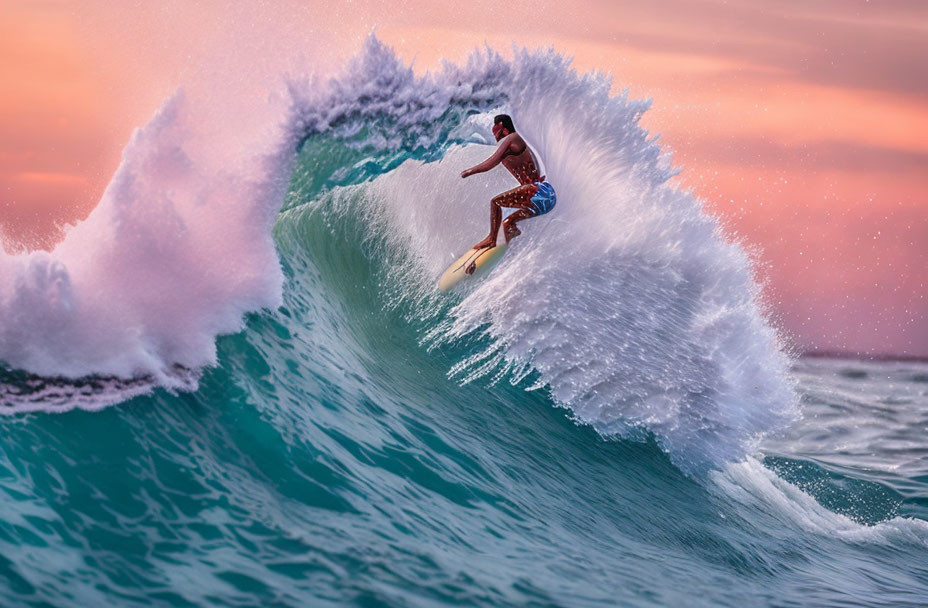 Surfer riding large wave at sunset with pink and blue colors