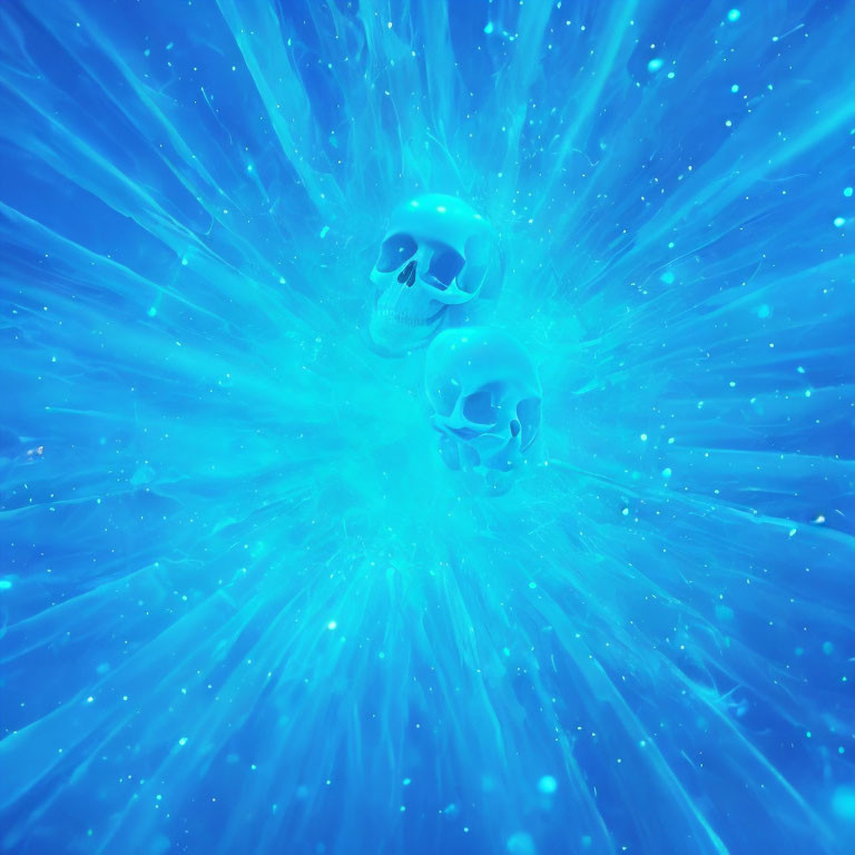 Skulls in surreal blue space with light rays: Mystical sci-fi visual.