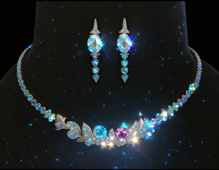 Blue and Purple Gemstone Jewelry Set with Diamonds on Black Mannequin