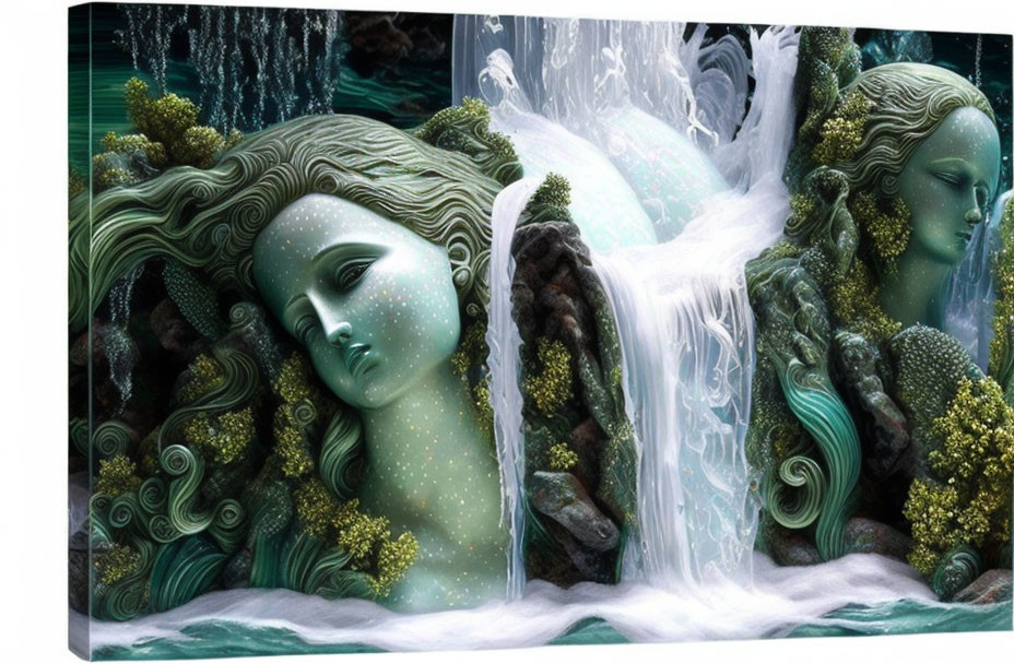 Nature-themed dual portrait with serene faces and waterfalls, greenery, and rock textures incorporated.