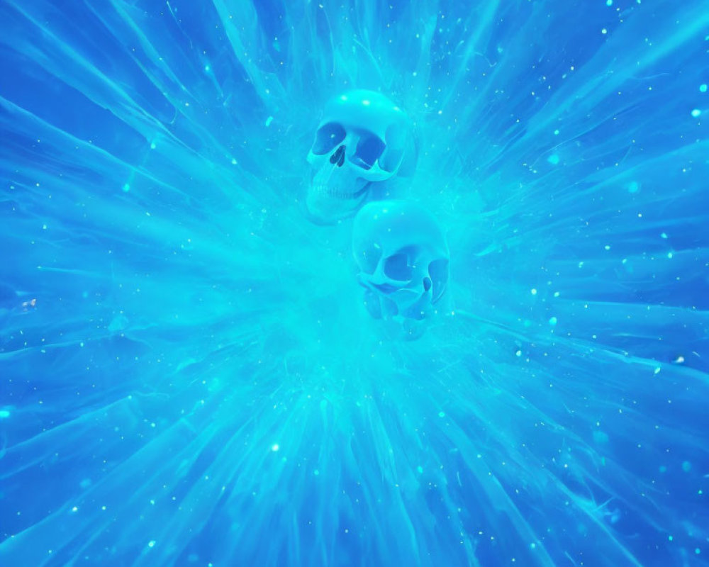 Skulls in surreal blue space with light rays: Mystical sci-fi visual.