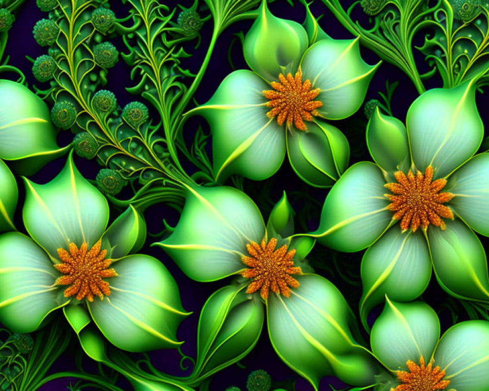 Stylized green flowers with orange-yellow centers on dark background