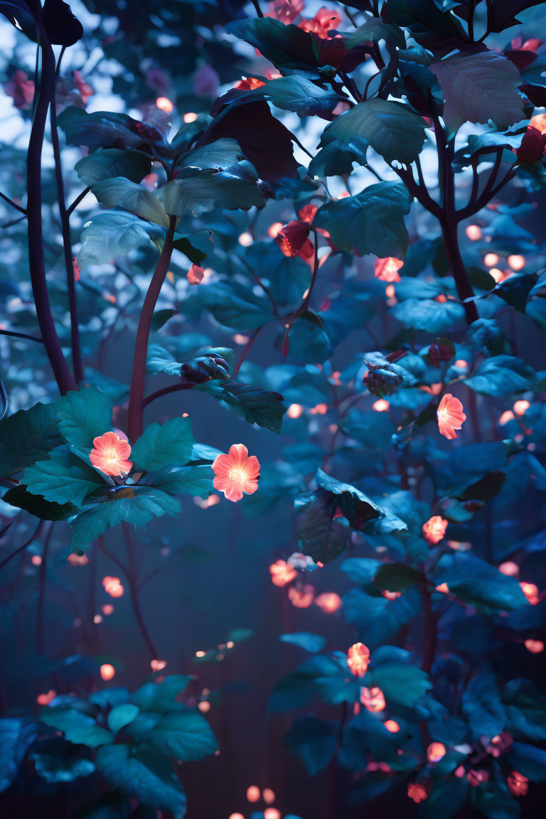 Blue-Toned Garden Scene with Orange Flowers and Luminescent Spots