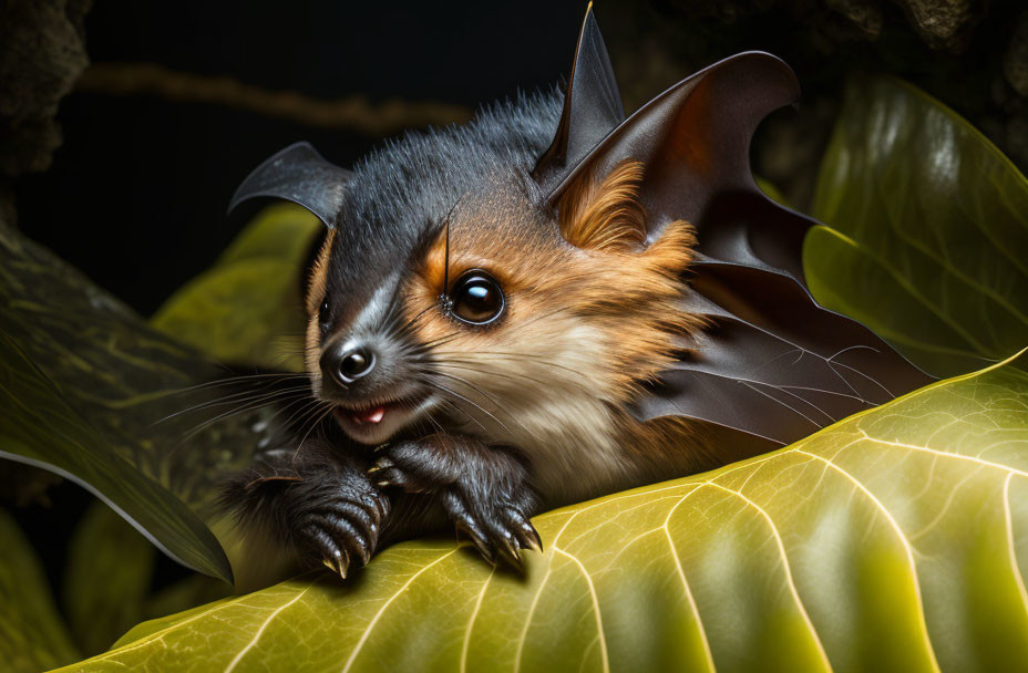 Fantasy creature with bat wings and a fox face on green leaf against dark background