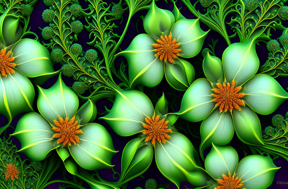 Stylized green flowers with orange-yellow centers on dark background