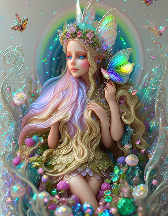 Colorful Fairy with Iridescent Wings and Crown in Whimsical Scene