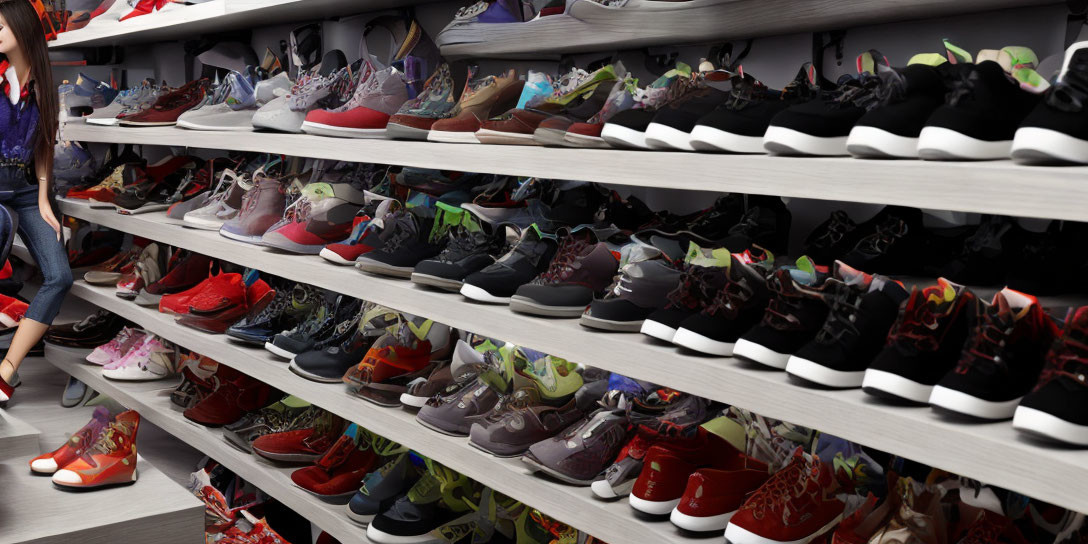 Assorted Sneakers Displayed on Shelves in Shoe Store