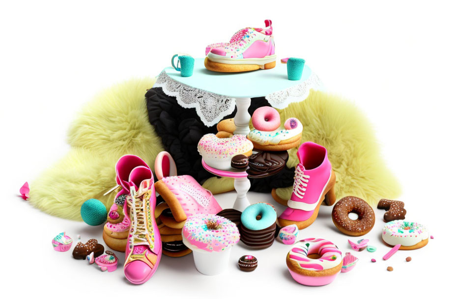 Vibrant Shoes and Sweets Display on Teal Stand