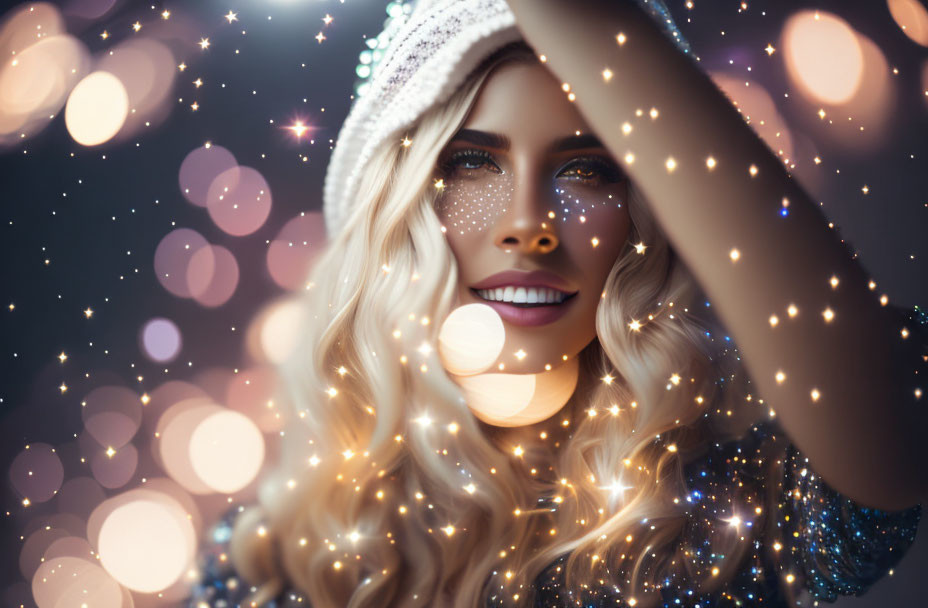 Woman with Sparkling Makeup and White Hat Smiling in Glowing Bokeh Lights