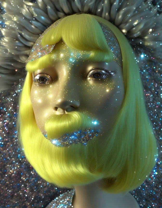 Surreal portrait with sparkles, glossy lips, yellow bob haircut