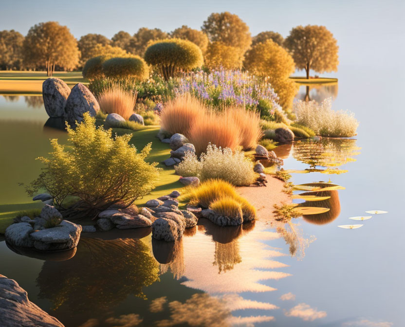 Tranquil landscape with reflective river and vibrant shrubs