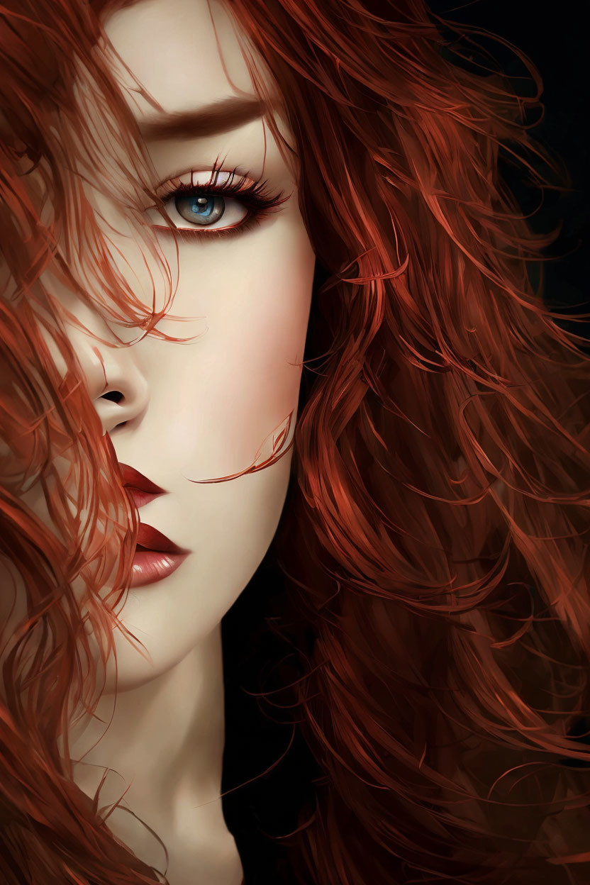 Woman with Flowing Red Hair and Striking Blue Eyes on Dark Background