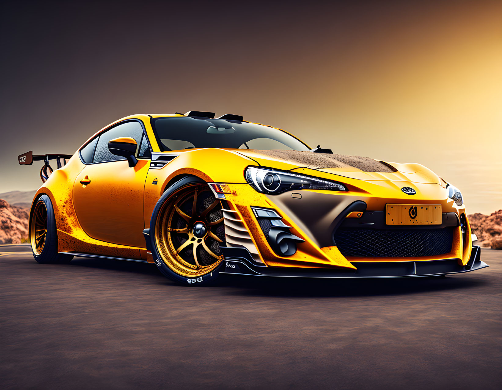 Customized yellow sports car with aerodynamic features in desert setting