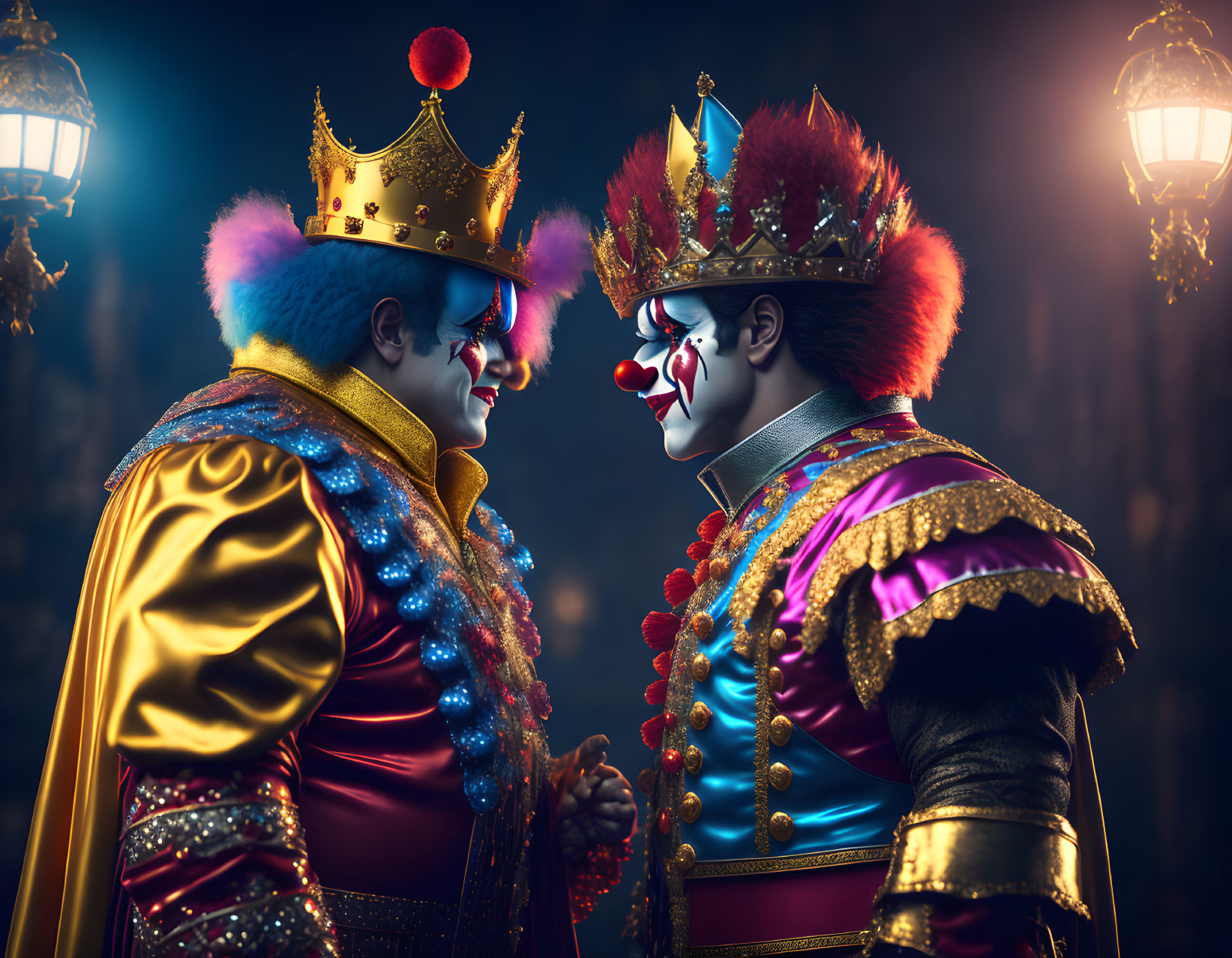 Two clowns in royal attire mirroring each other on dark background